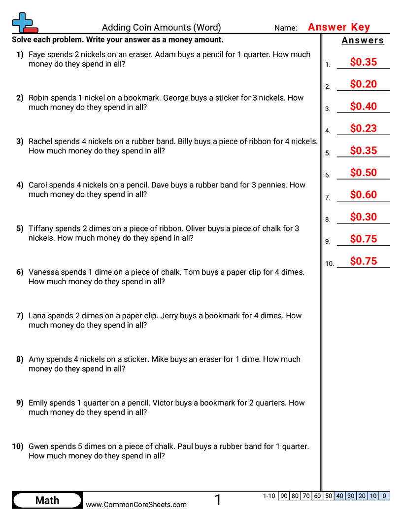 CCSS 2.MD.8 Worksheets - Adding Coin Amounts (Word Problems) worksheet