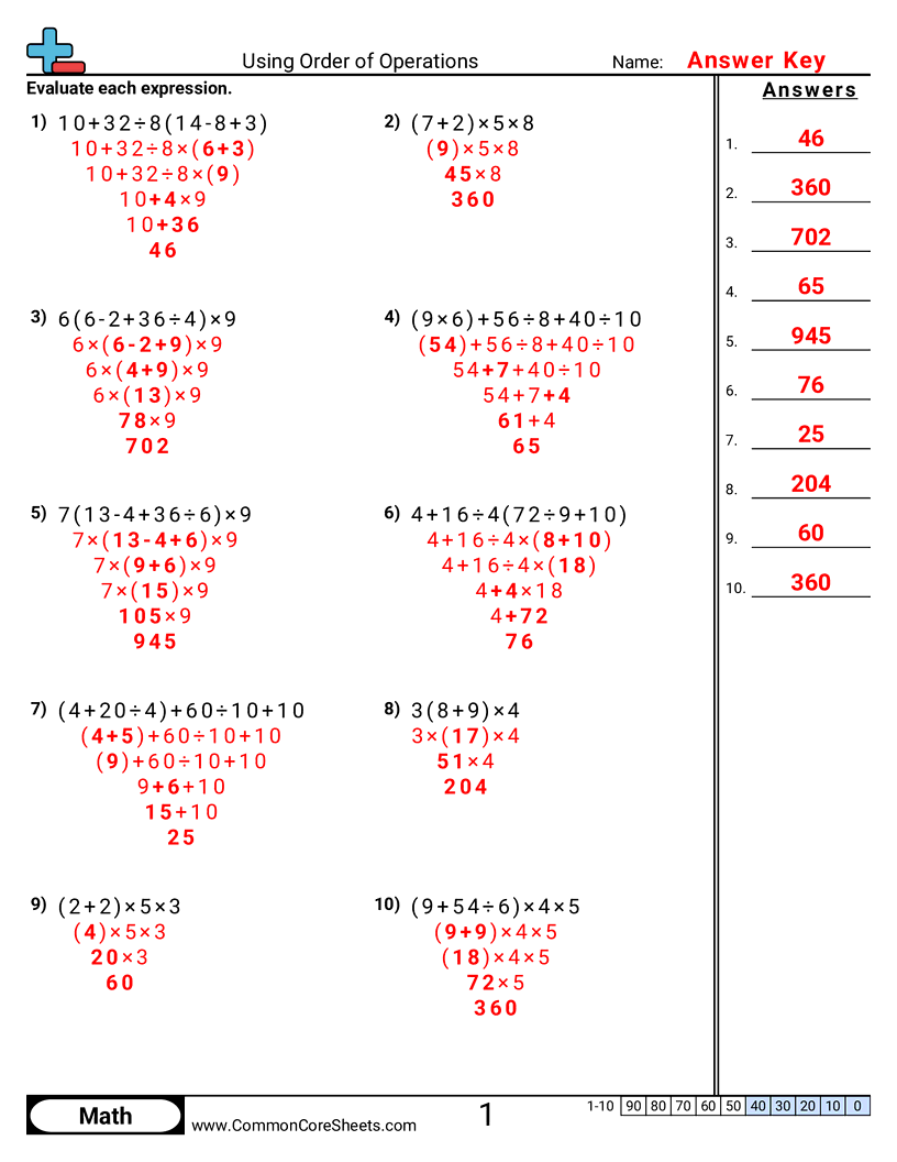 CCSS 5.OA.1 Worksheets - Using Order of Operations (No Negatives) worksheet
