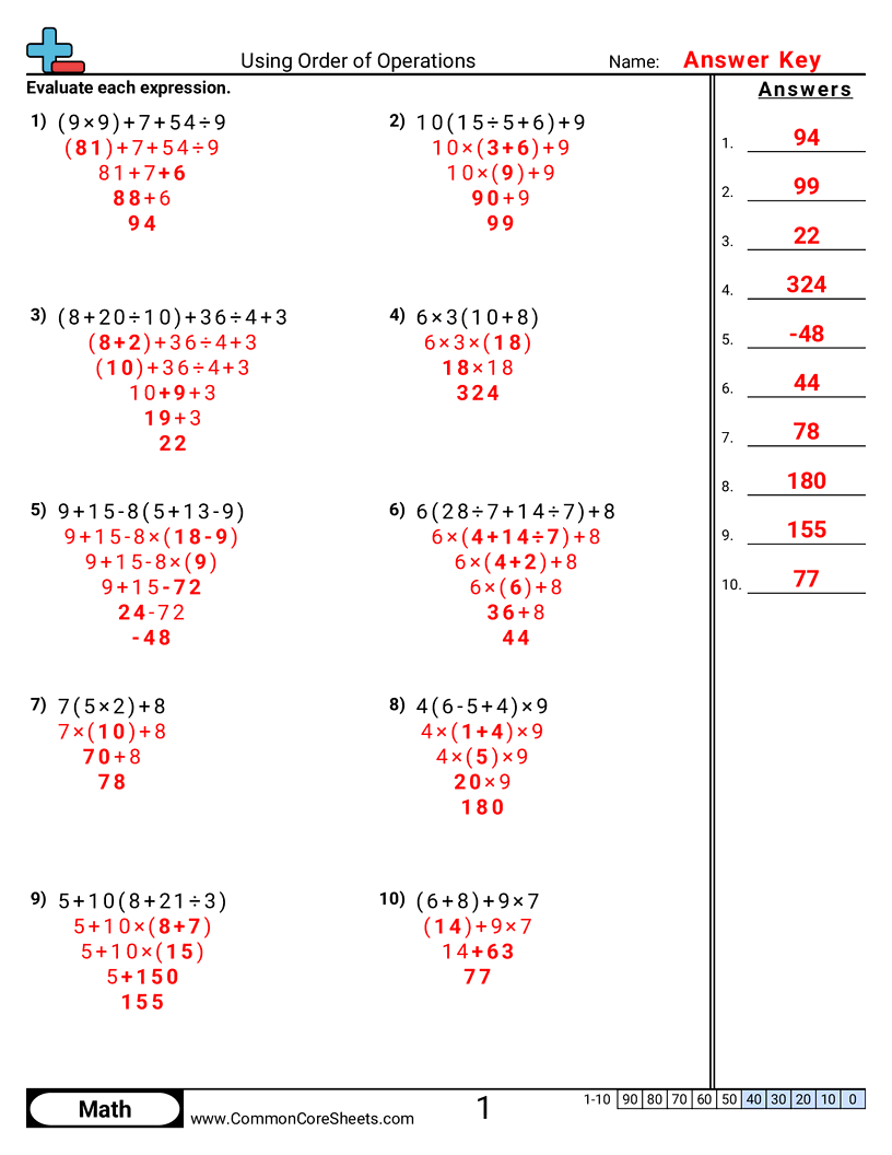 CCSS 6.EE.2C Worksheets - Solving using Order of Operations worksheet