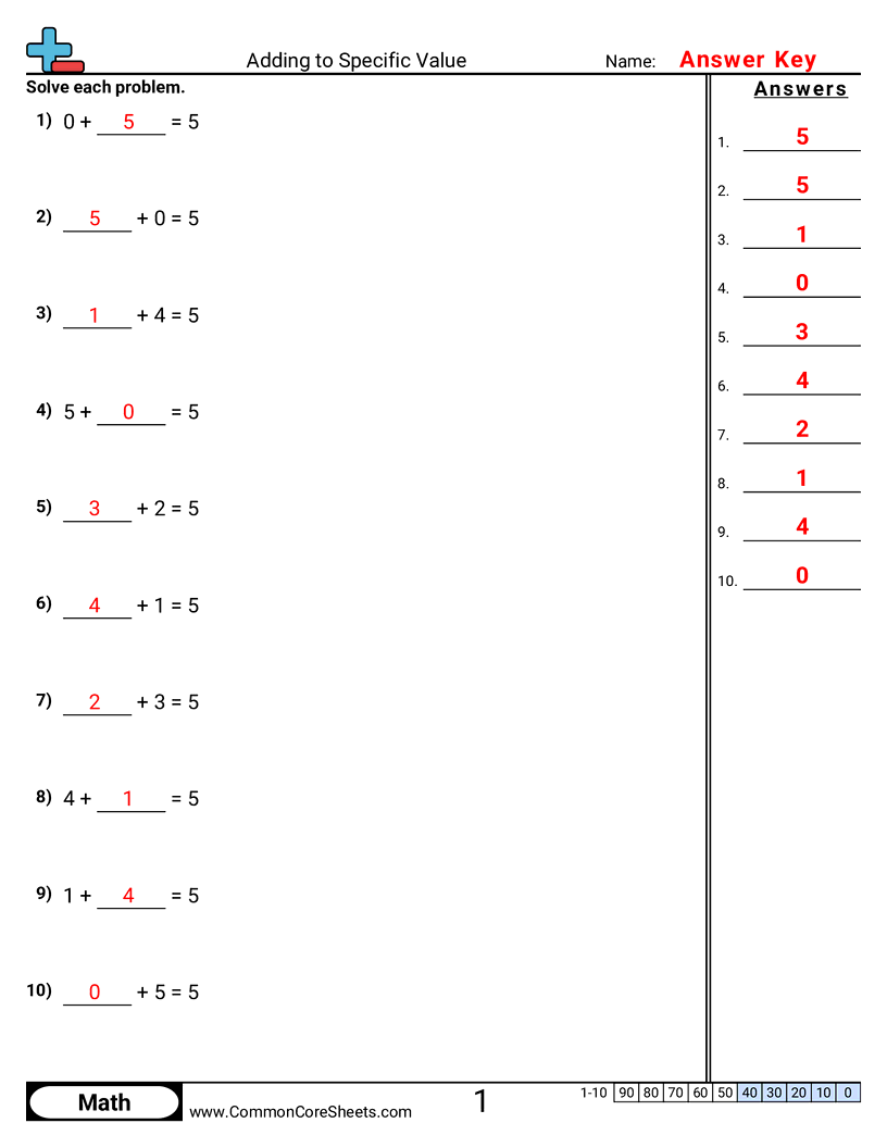 CCSS K.OA.4 Worksheets - Adding To a Specic Value worksheet