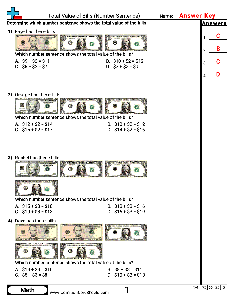 CCSS 2.MD.8 Worksheets - Total Value of Bills (Number Sentence) worksheet