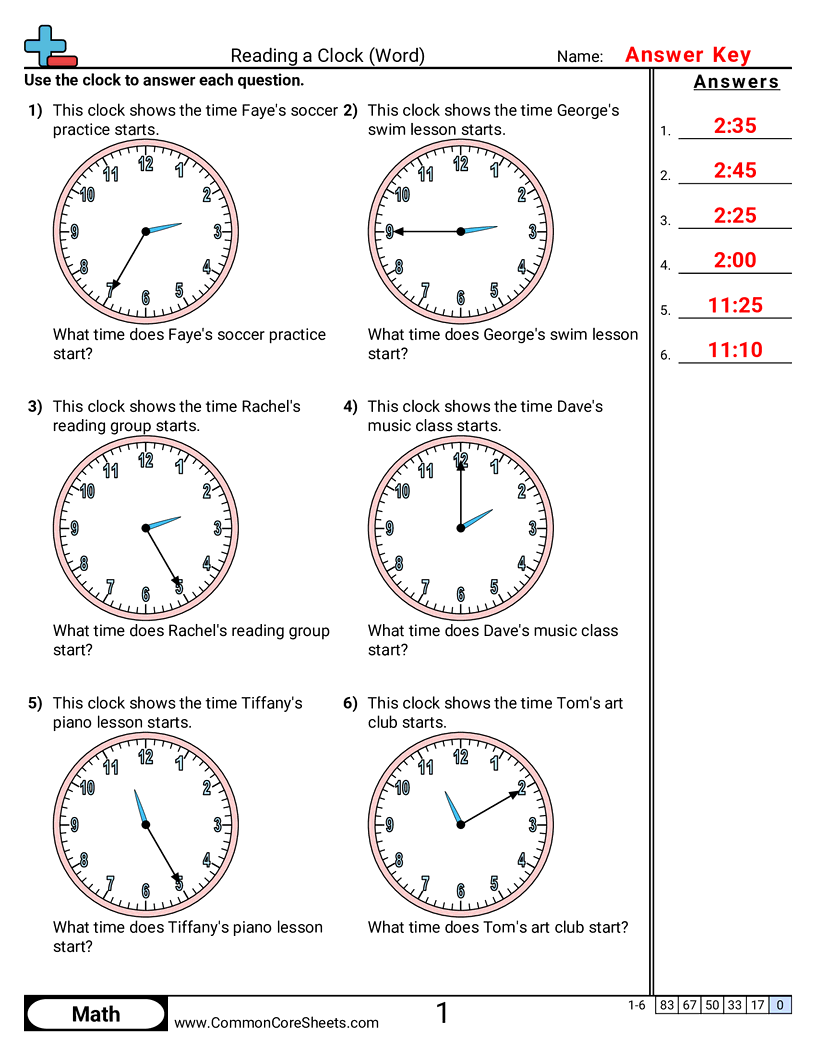 Time Worksheets - Reading a Clock in Words worksheet