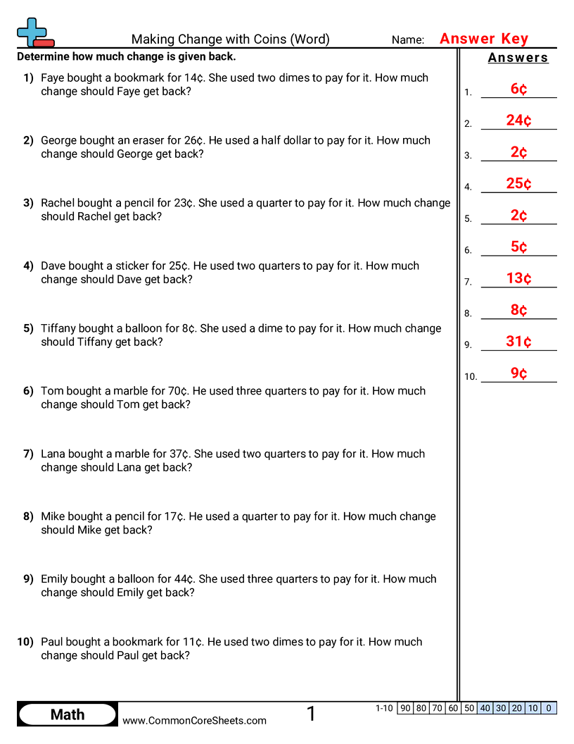 CCSS 2.MD.8 Worksheets - Making Change with Coins Word Problems worksheet