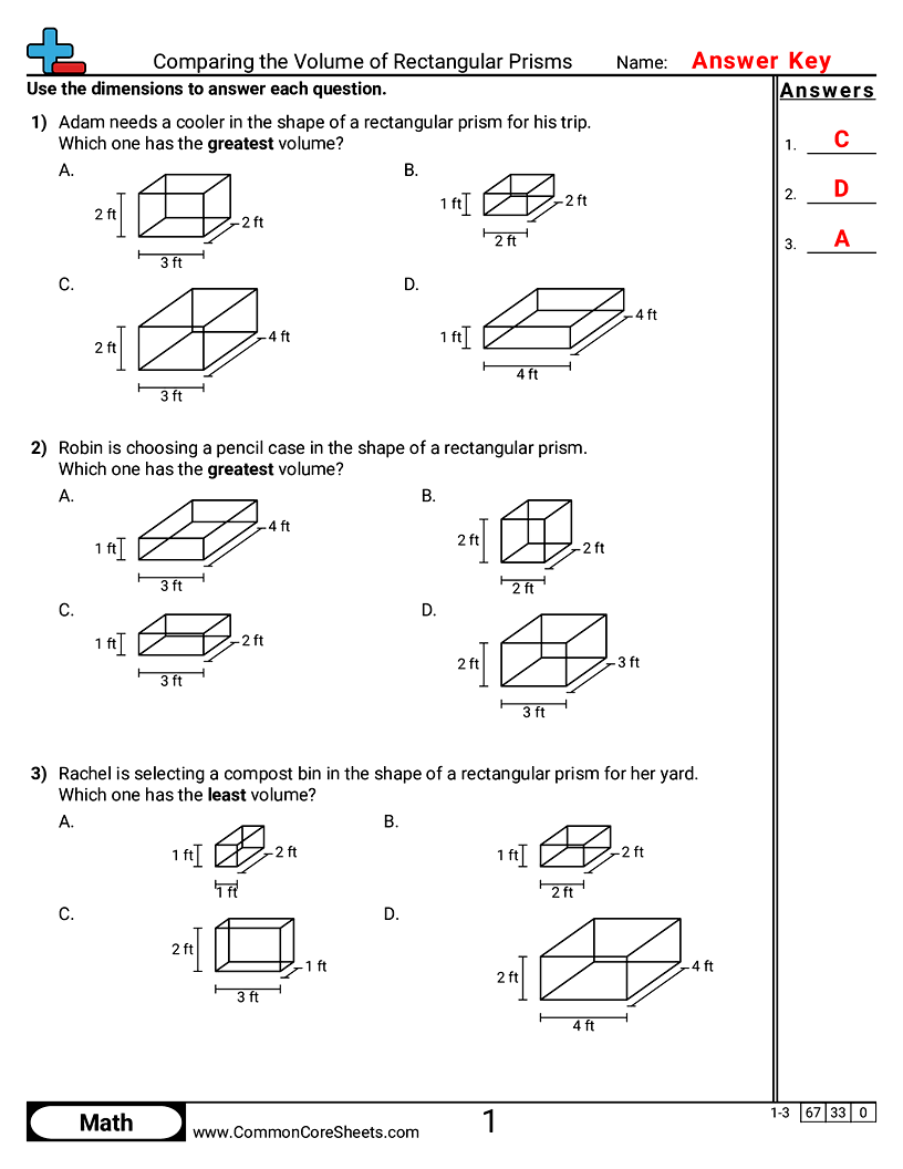 CCSS 5.MD.5B Worksheets - Comparing the Volume of Rectangular Prisms worksheet