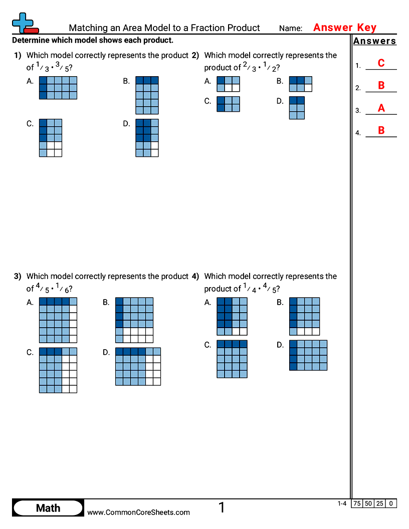 CCSS 5.NF.4B Worksheets - Matching Area Models to Fraction Products worksheet