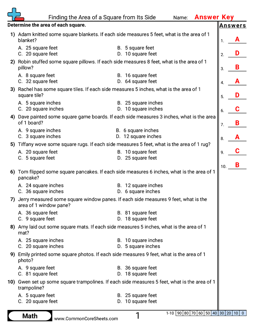 CCSS 4.MD.3 Worksheets - Finding the Area of a Square worksheet