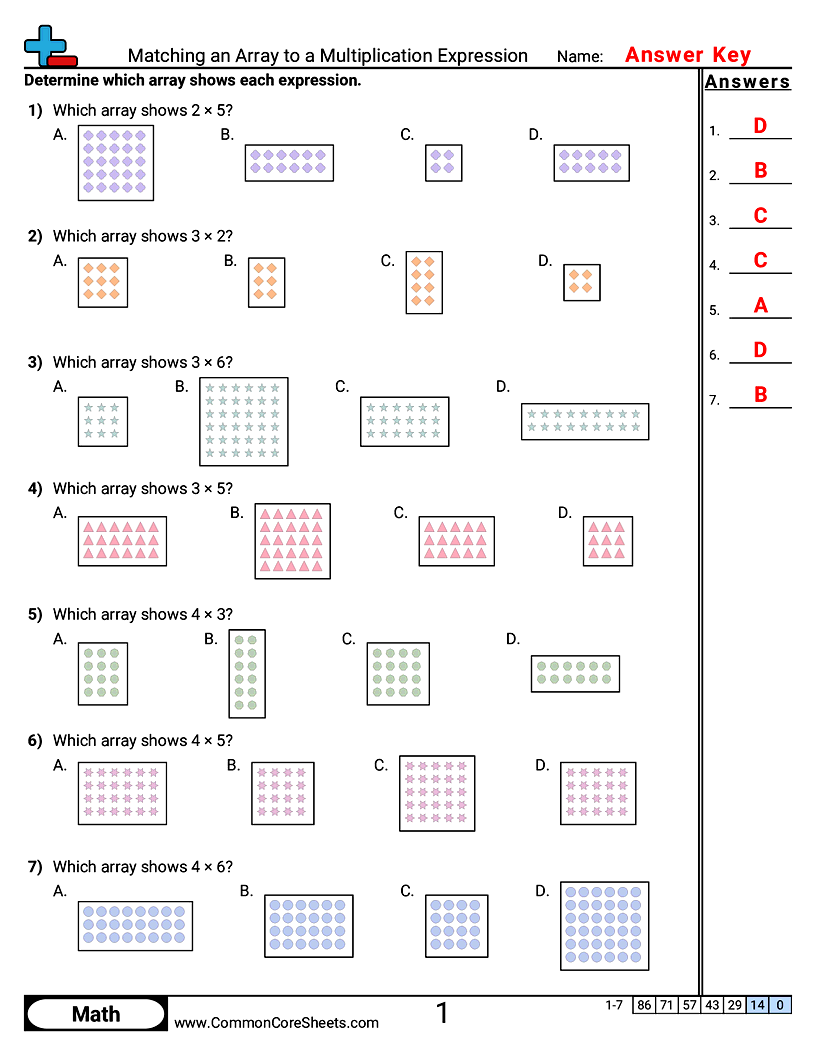 Multiplication Worksheets - Matching an Array to a Multiplication Expression worksheet