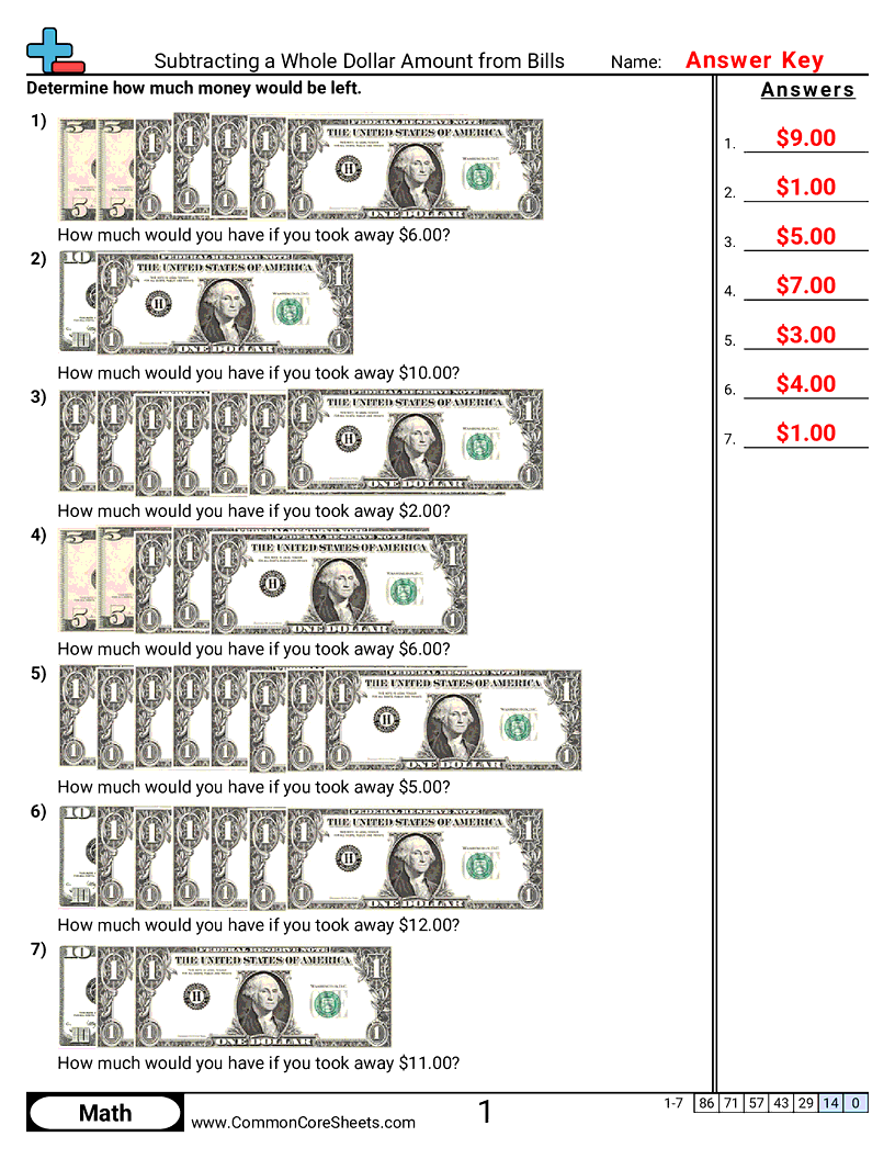CCSS 2.MD.8 Worksheets - Subtracting Whole Dollars from Bills worksheet