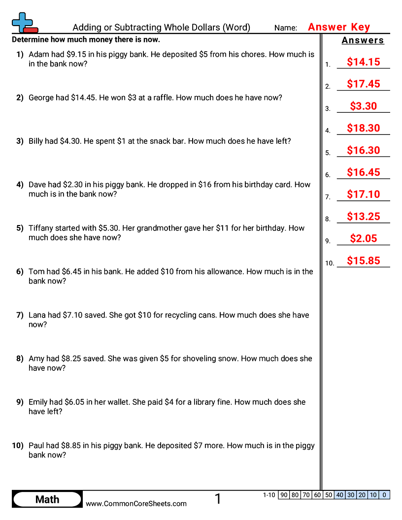 CCSS 4.MD.2 Worksheets - Adding or Subtracting Whole Dollars (Word) worksheet