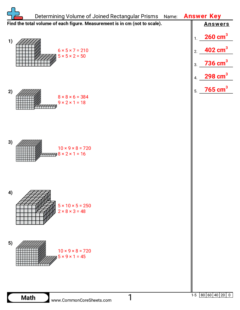 CCSS 5.MD.5A Worksheets - Determining Volume of Joined Rectangular Prisms worksheet