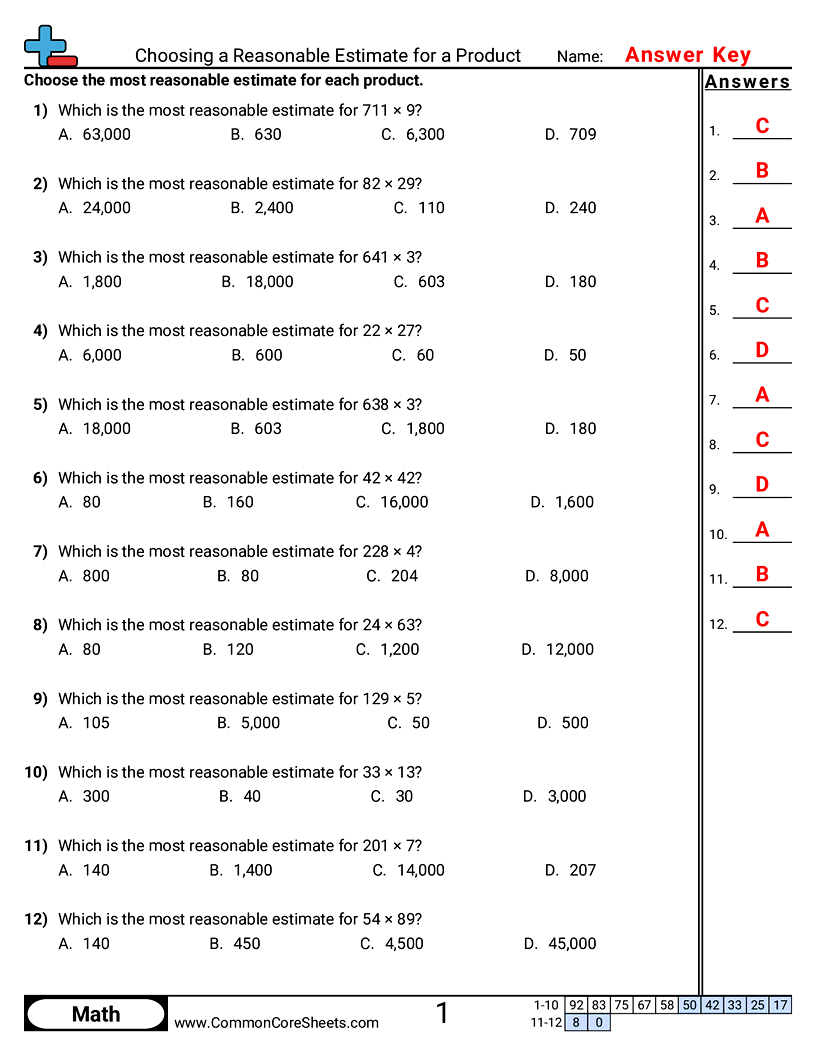 Reasonable Estimate for a Product worksheet preview