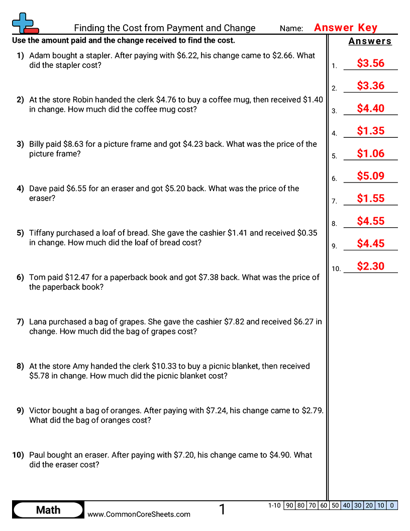 CCSS 4.MD.2 Worksheets - Finding Cost from Payment and Change worksheet