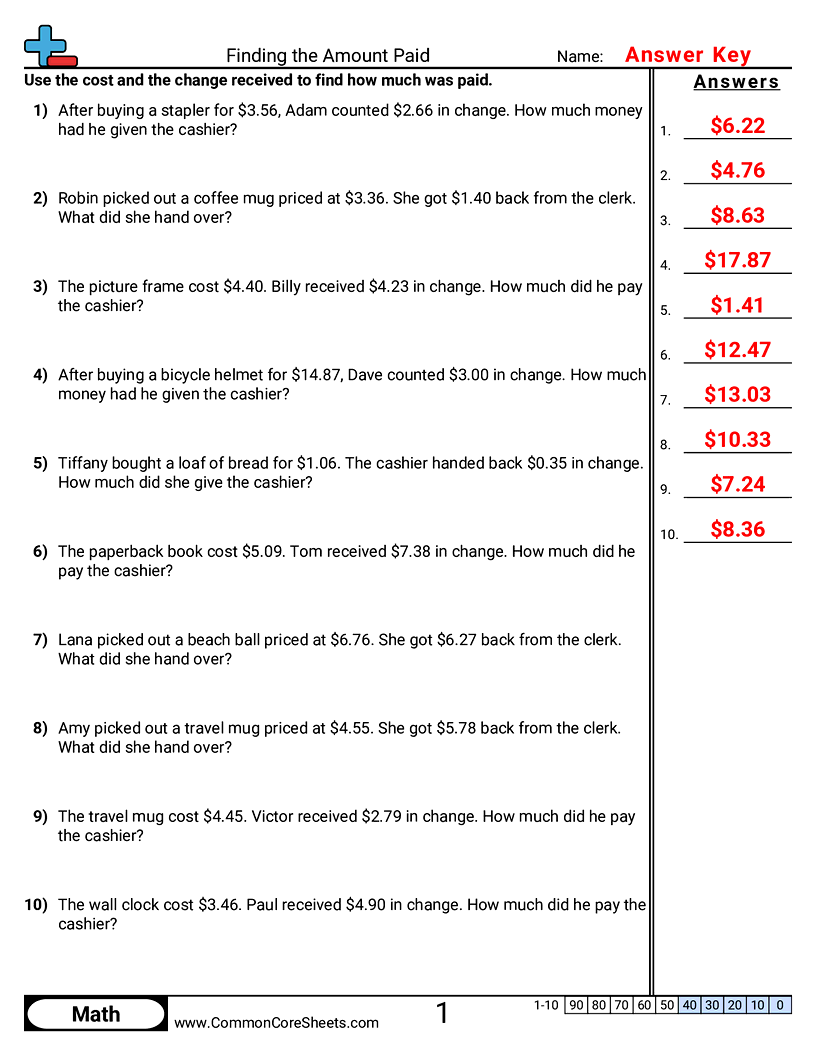 CCSS 4.MD.2 Worksheets - Finding Amount Paid from Cost and Change worksheet