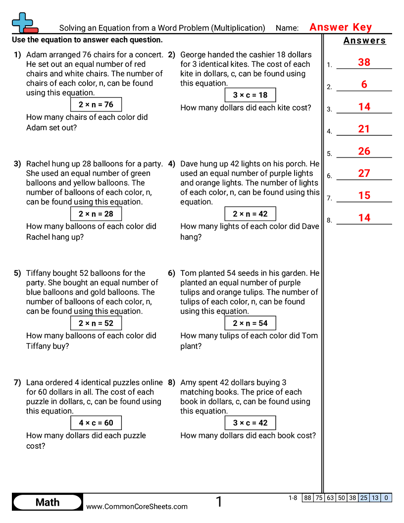 CCSS 3.OA.4 Worksheets - Solving an Equation from a Word Problem (Multiplication) worksheet