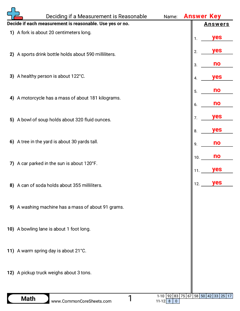 CCSS 4.MD.1 Worksheets - Deciding if a Measurement is Reasonable worksheet