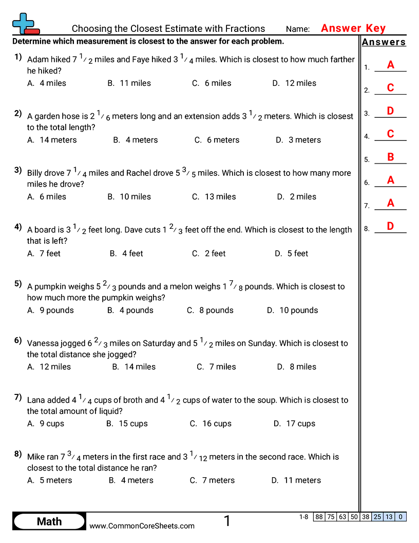 CCSS 5.NF.2 Worksheets - Choosing the Closest Estimate with Fractions worksheet