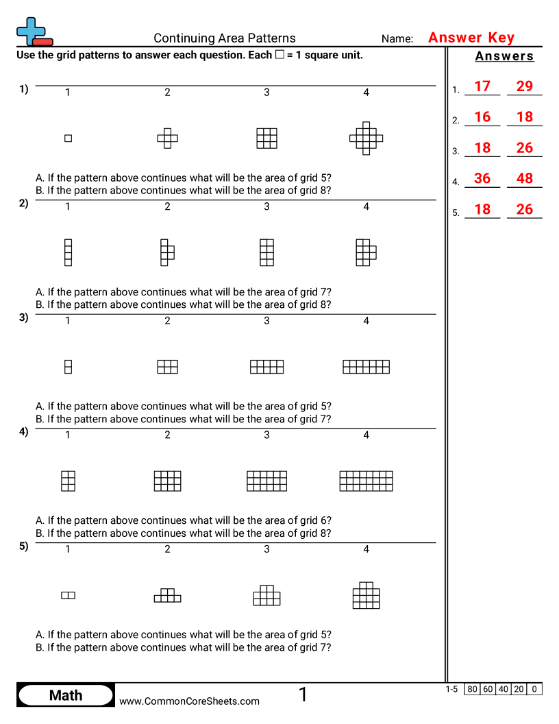 CCSS 4.OA.5 Worksheets - Continuing Area Patterns worksheet