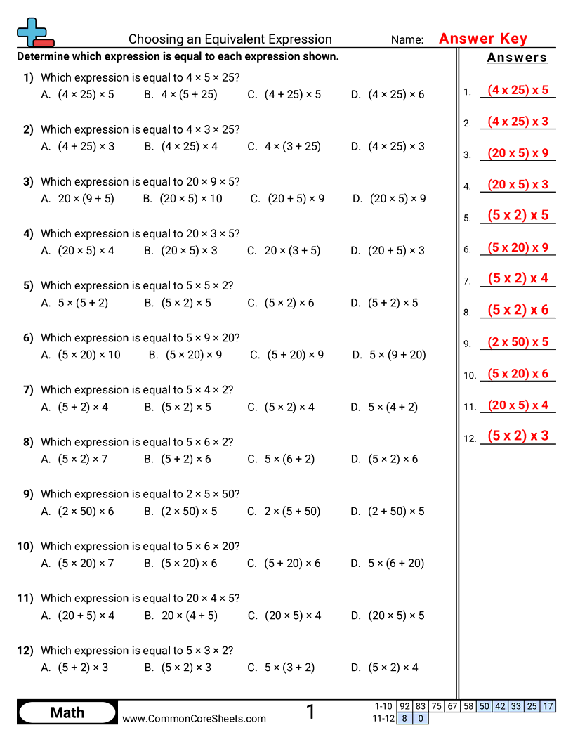CCSS 5.OA.1 Worksheets - Choosing an Equivalent Expression worksheet