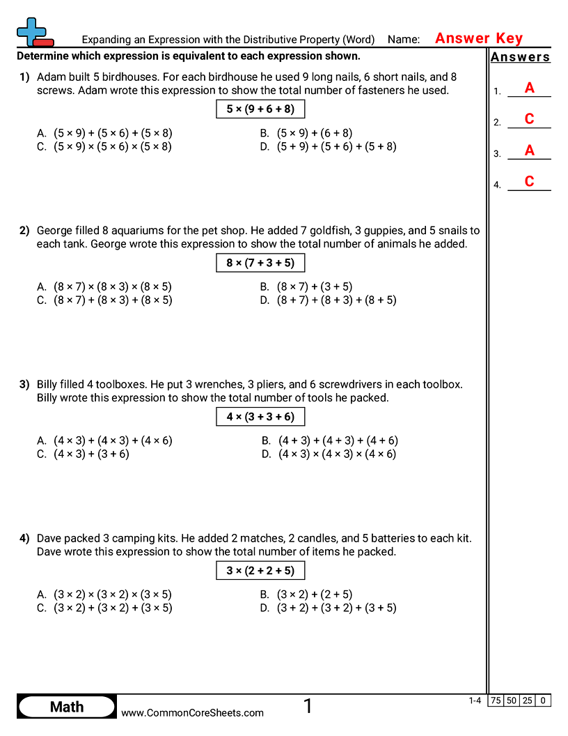 CCSS 5.OA.1 Worksheets - Expanding an Expression with the Distributive Property (Word) worksheet