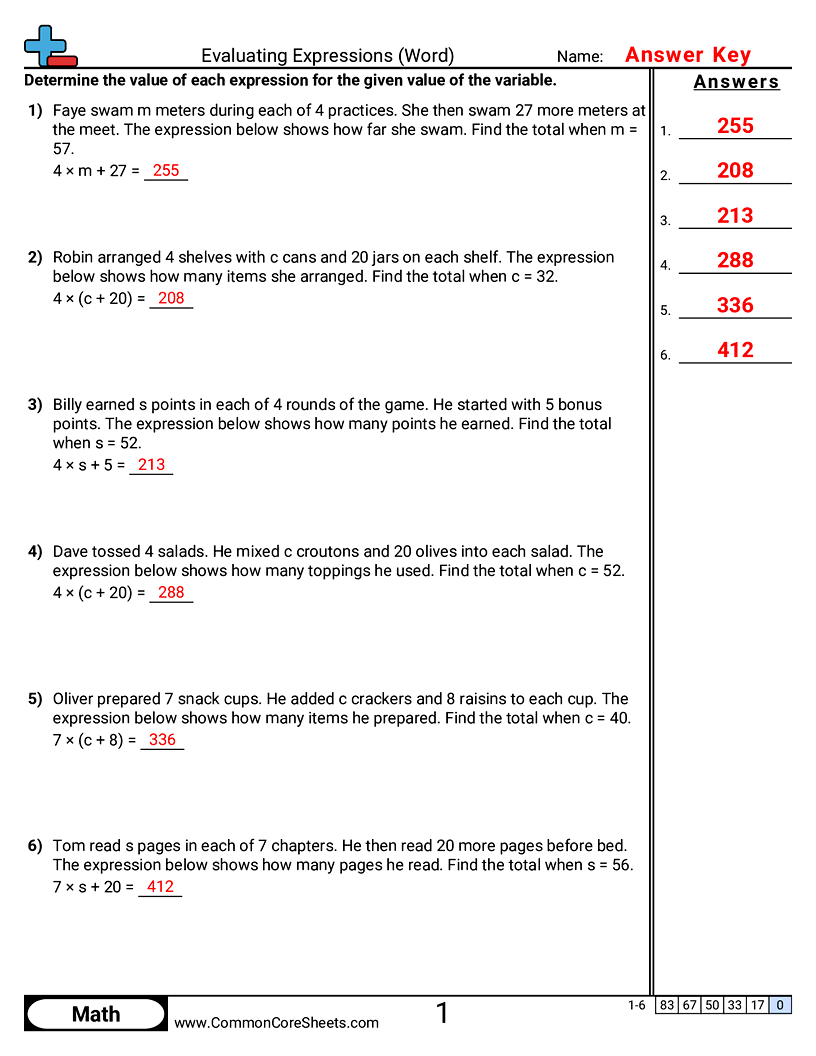CCSS 6.EE.2C Worksheets - Evaluating Expressions (Word) worksheet