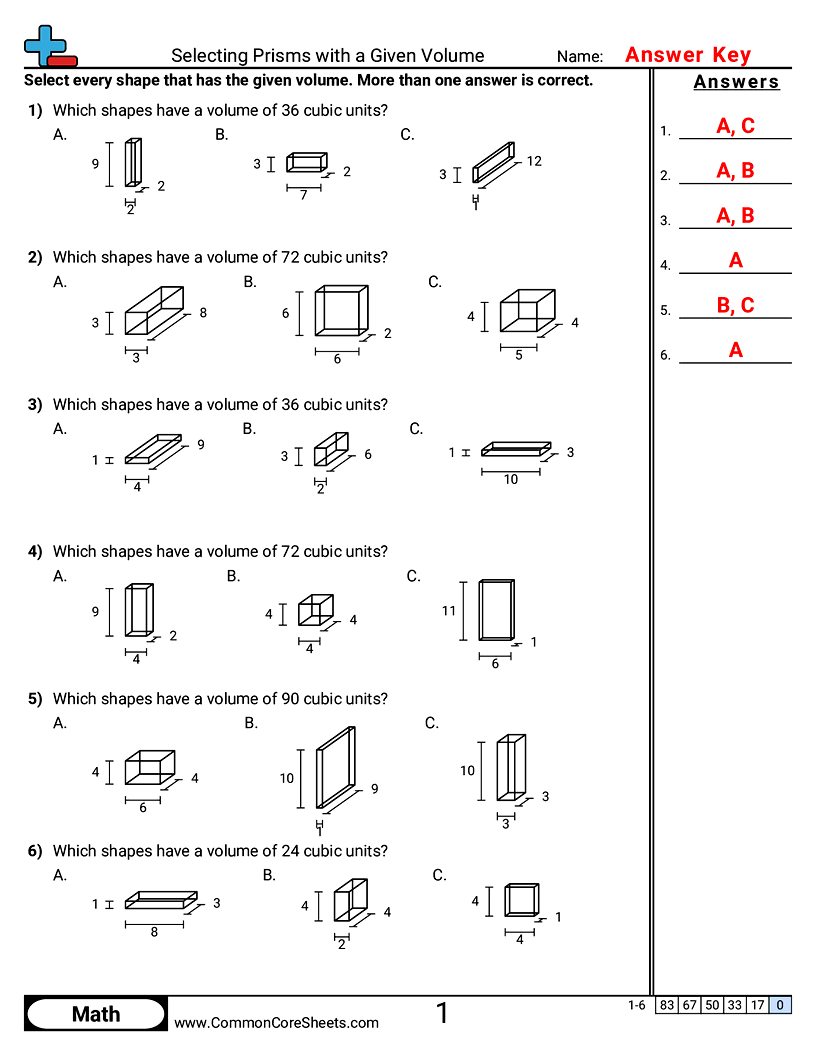 CCSS 5.MD.5B Worksheets - Selecting Prisms with a Given Volume worksheet