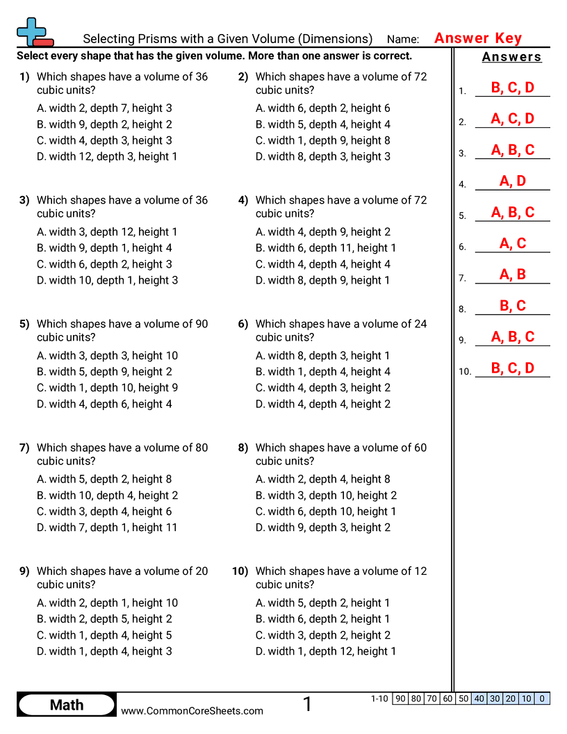 CCSS 5.MD.5B Worksheets - Selecting Prisms with a Given Volume (Dimensions) worksheet