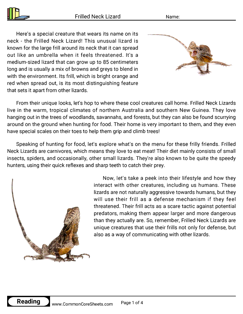 Reading Comprehension Reptiles - Frilled Neck Lizard worksheet