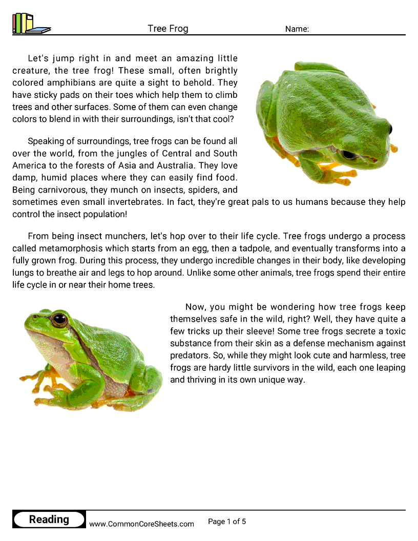 Reading Comprehension Reptiles - Tree Frog worksheet