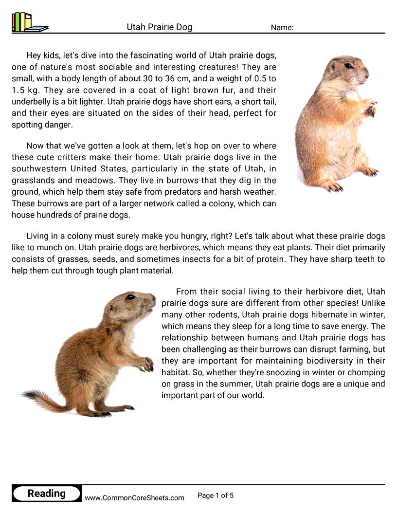 Reading Comprehension Mammals - Utah Prairie Dog worksheet