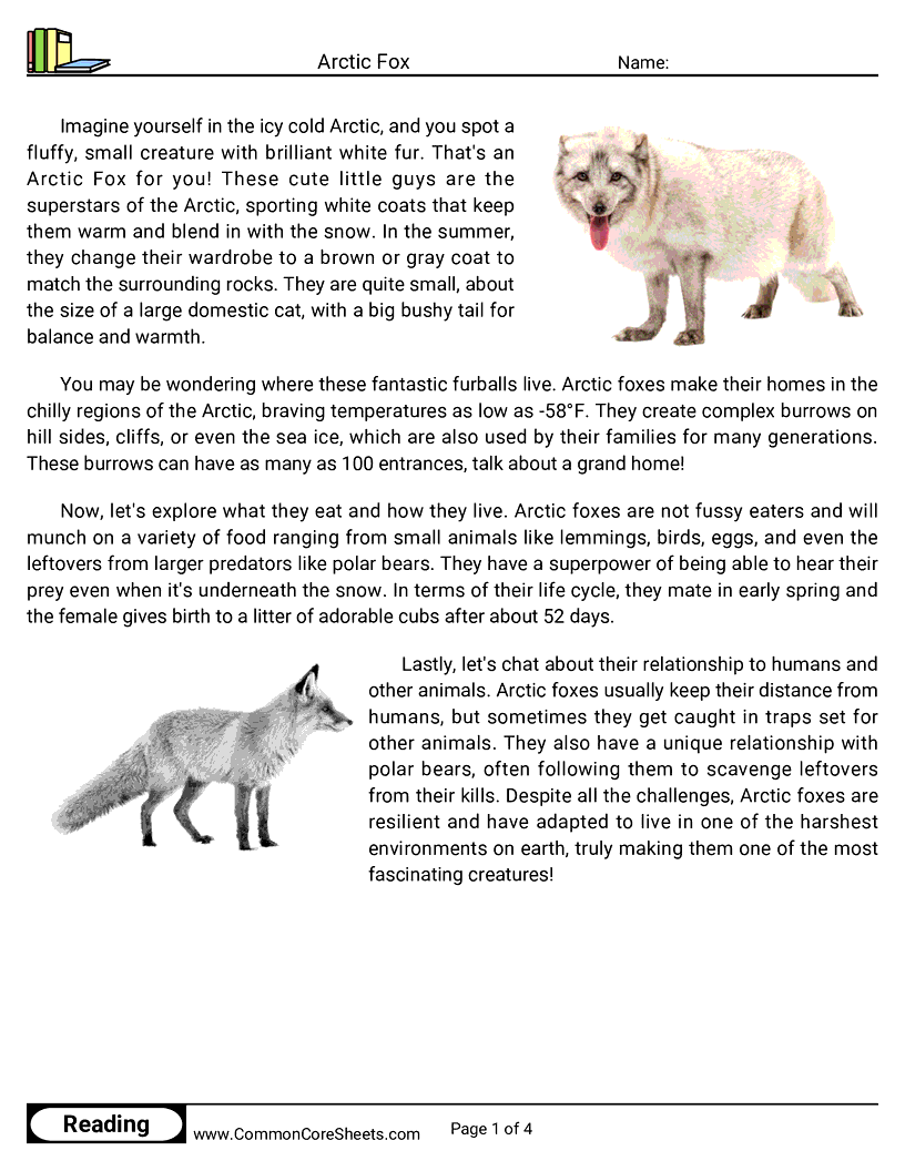 Reading Comprehension Mammals - Arctic Fox worksheet
