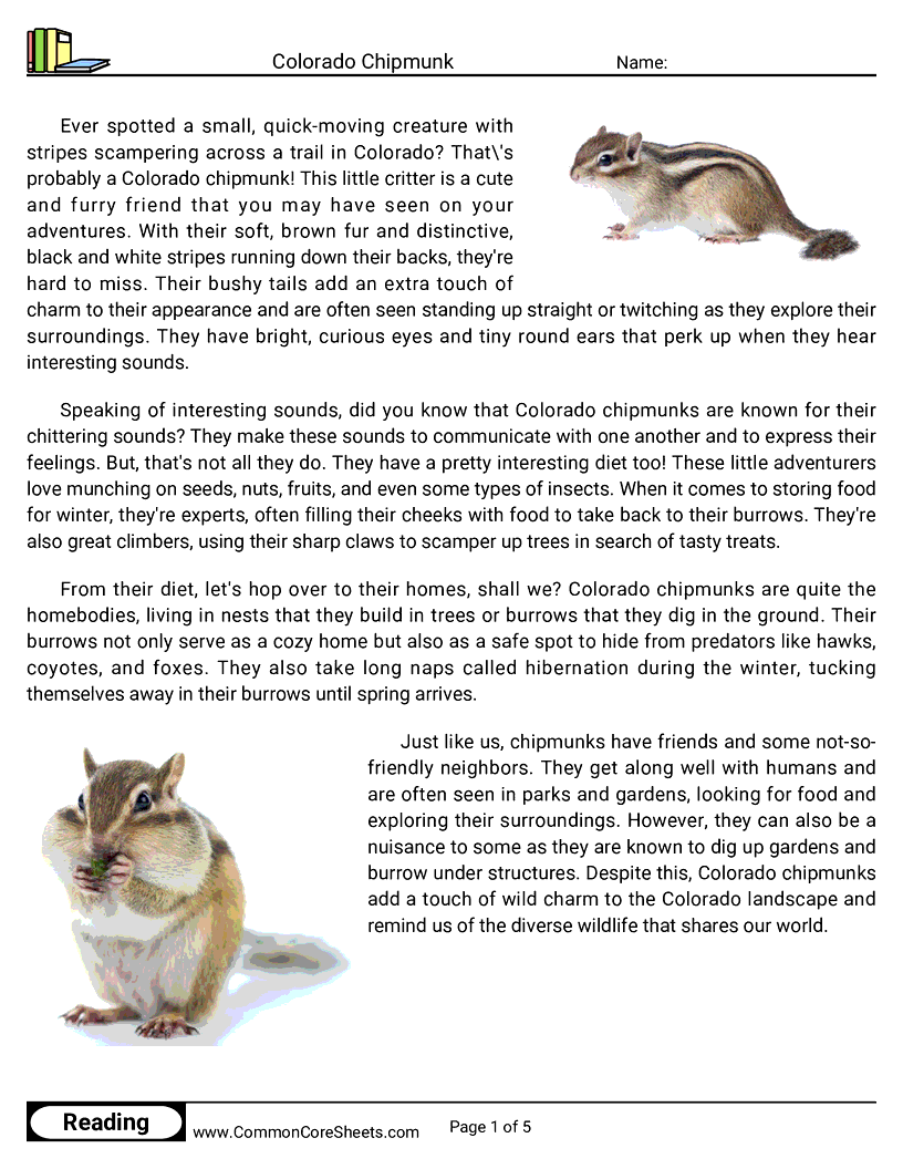 Reading Comprehension Mammals - Colorado Chipmunk worksheet