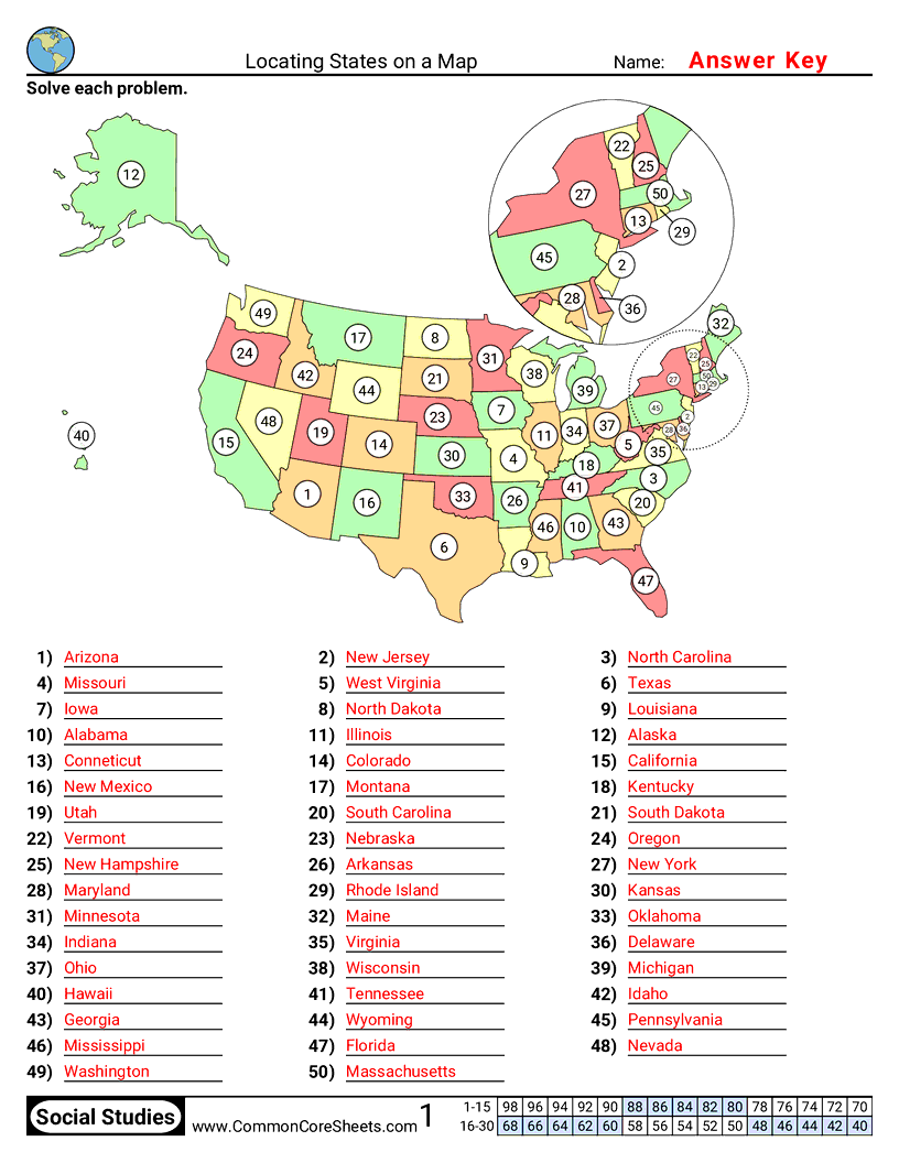 Geography Worksheets - Locating States on a Map worksheet