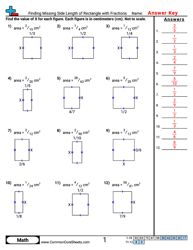CCSS 5.NF.6 Worksheets - Finding Missing Side Length of Rectangle with Fractions worksheet
