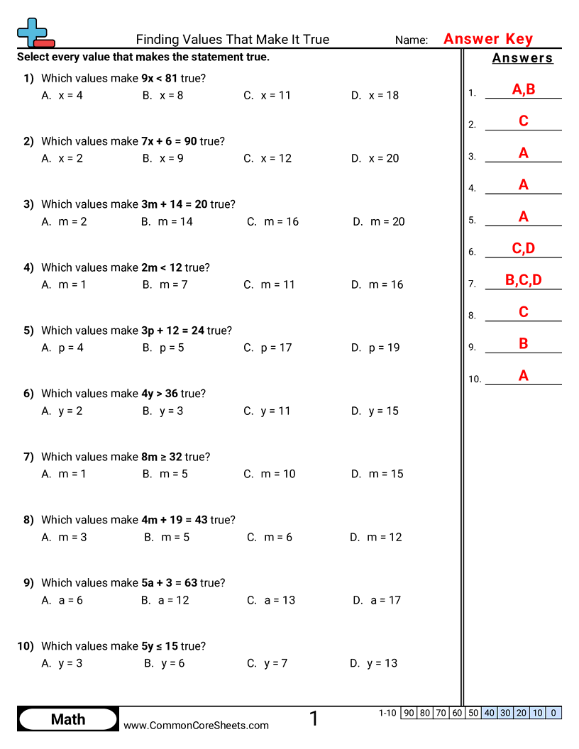 Finding Values That Make It True worksheet preview