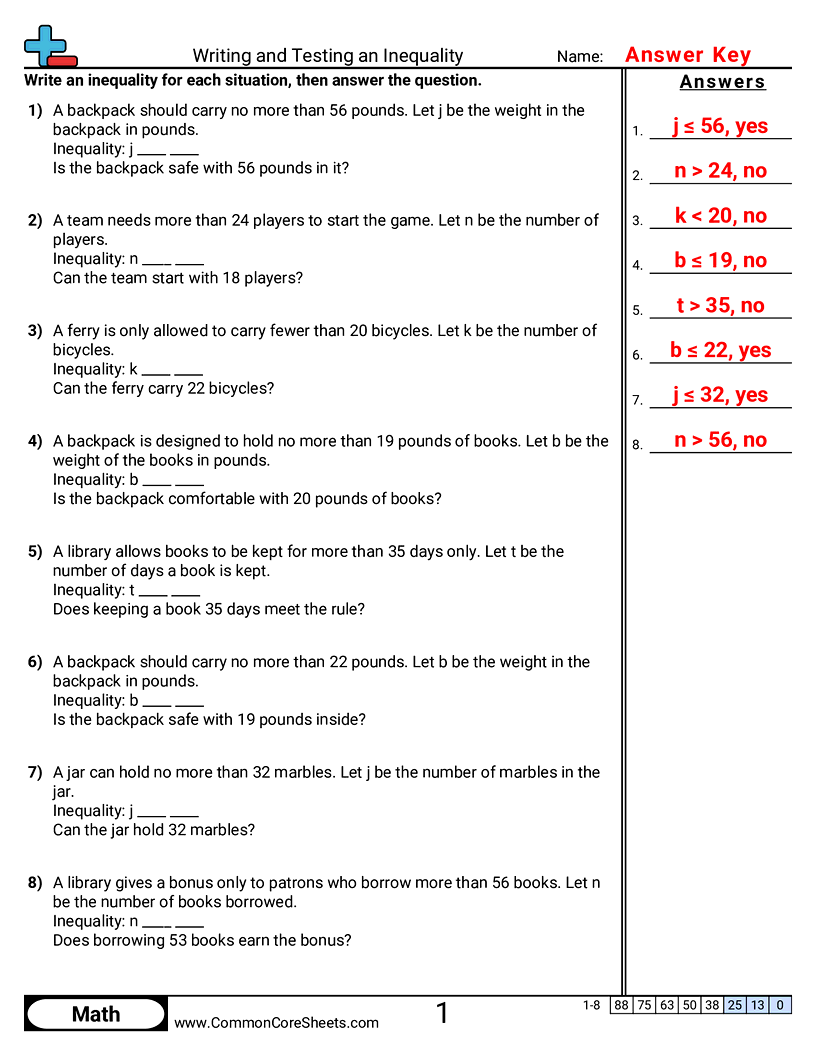 CCSS 6.EE.5 Worksheets - Writing and Testing an Inequality worksheet