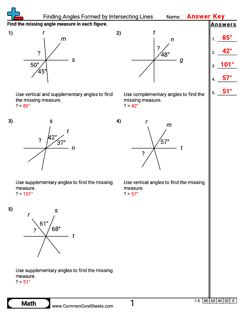 Angles Worksheets - Finding Angles Formed by Intersecting Lines worksheet