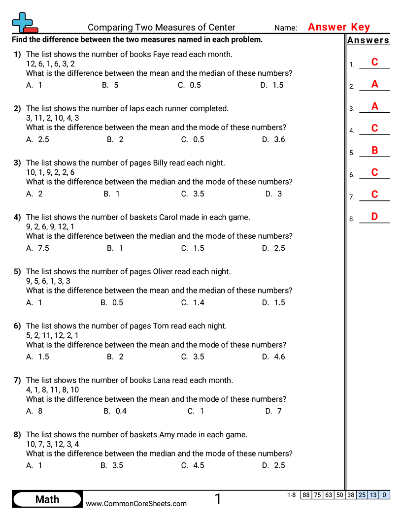 Comparing Two Measures of Center worksheet preview