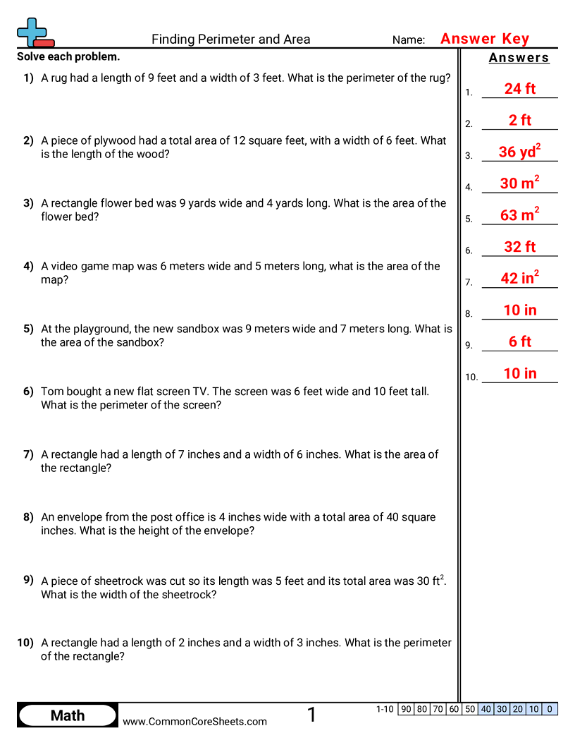 CCSS 4.MD.3 Worksheets - Perimeter - Area (Words) worksheet