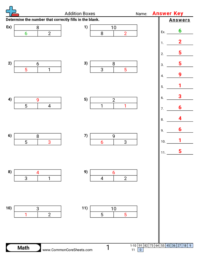 CCSS K.OA.2 Worksheets - Addition Boxes (to ten) worksheet