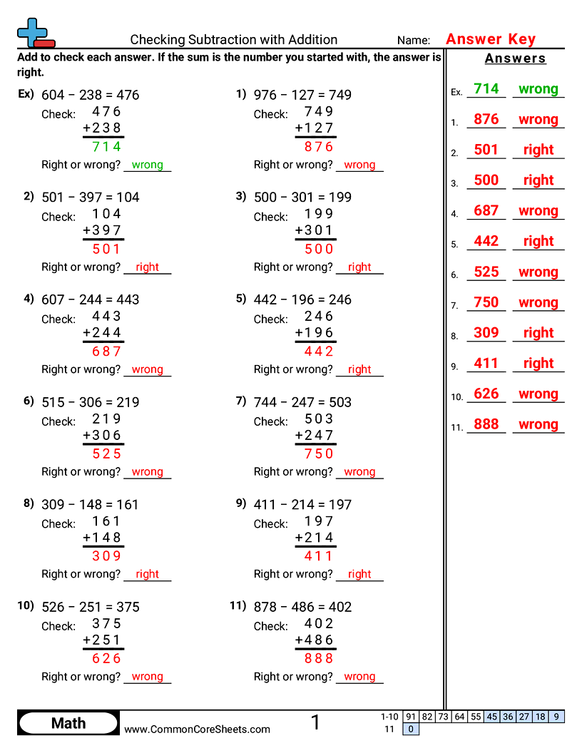 Checking Subtraction with Addition worksheet preview