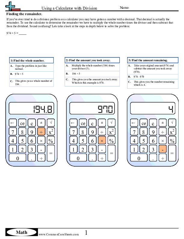 Cheat Sheets - Using a Calculator With Division (finding remainder) worksheet