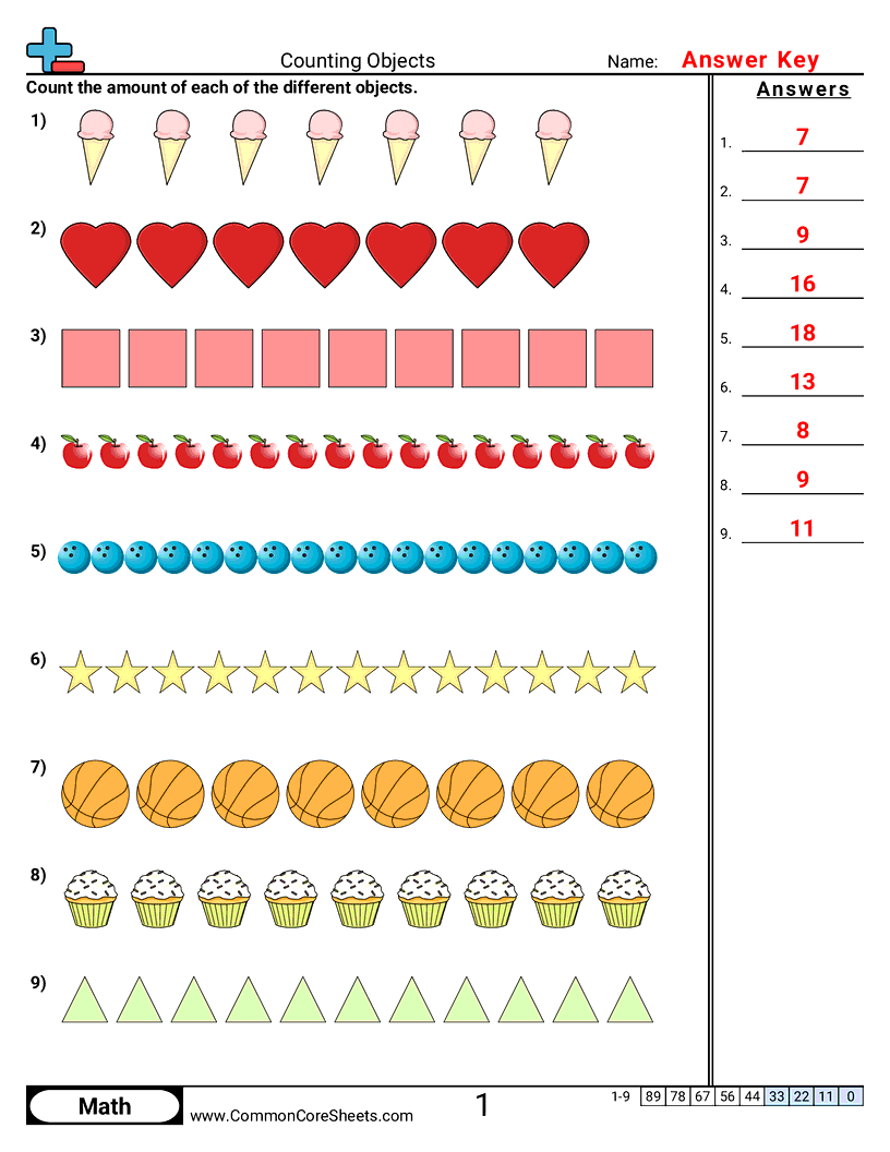 CCSS K.CC.5 Worksheets - Counting Rows worksheet