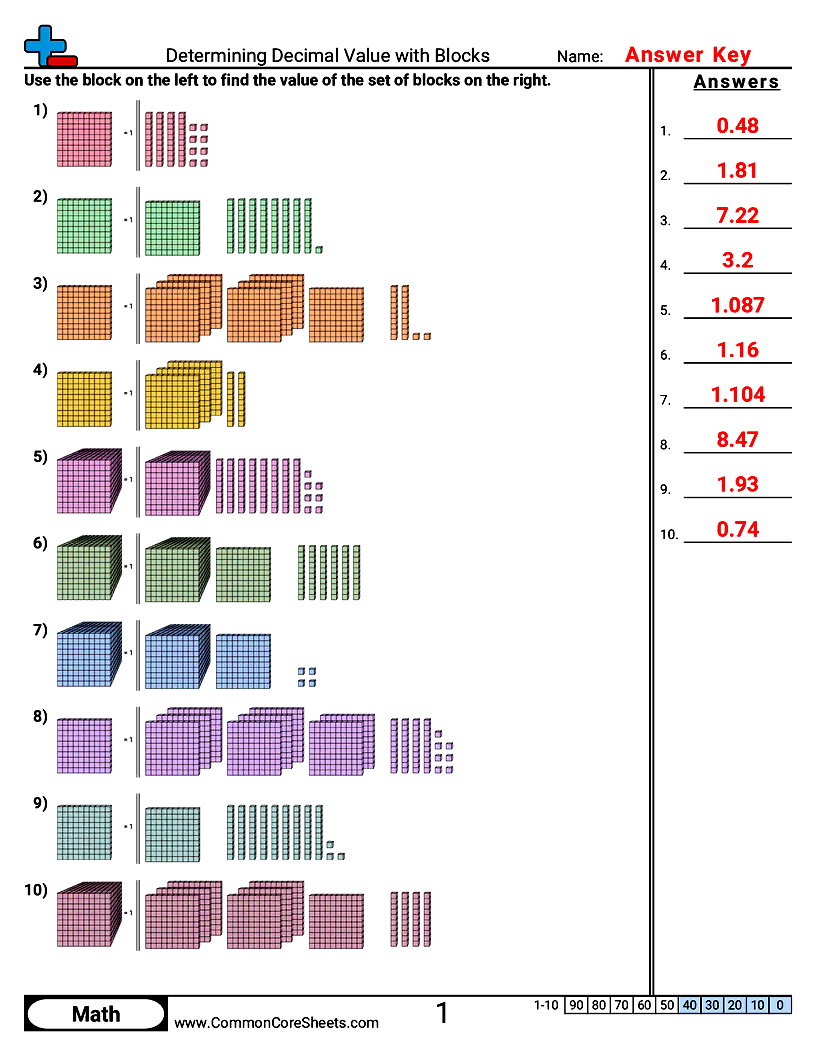 CCSS 4.NF.5 Worksheets - Determining Decimal Value with Blocks worksheet