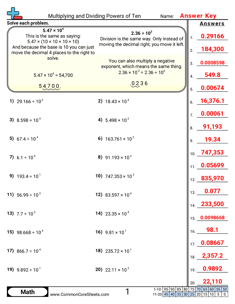 Multiplying and Dividing Powers of Ten worksheet preview