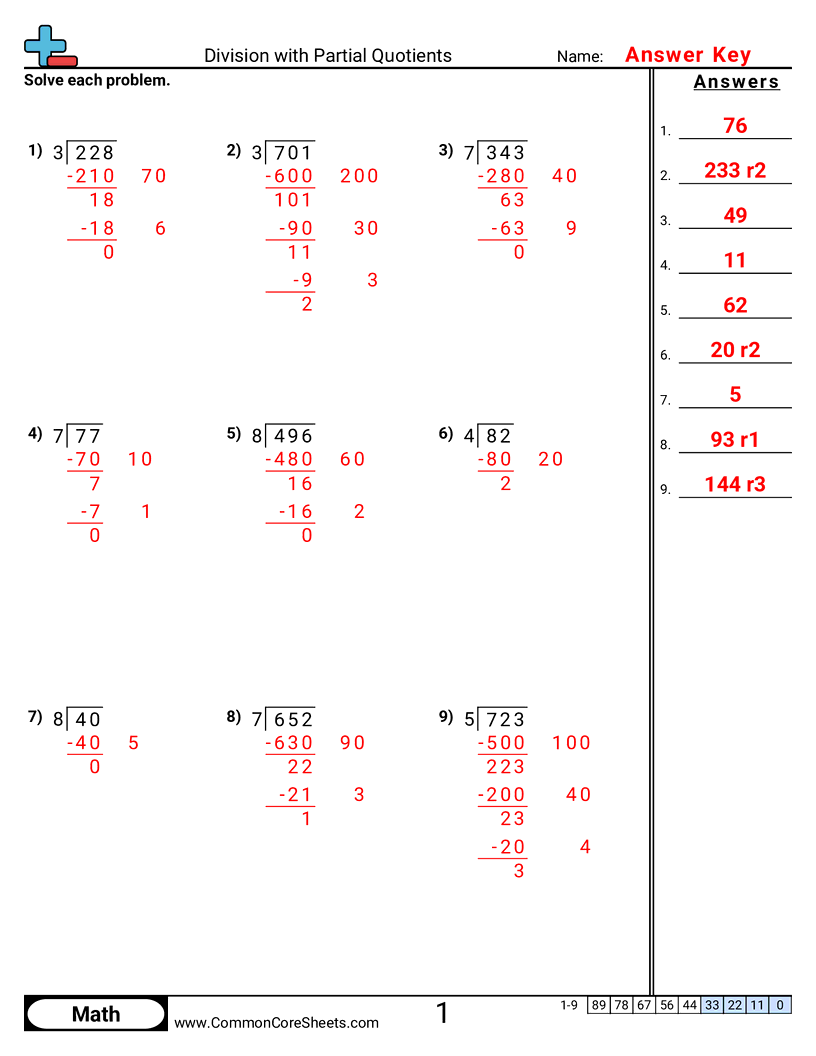 Division with Partial Quotients worksheet preview