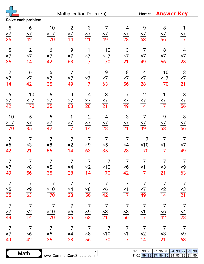 CCSS 3.OA.7 Worksheets - 7s worksheet