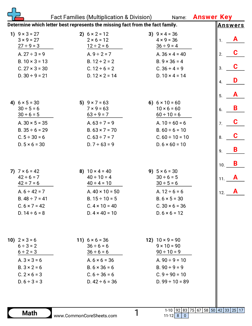 CCSS 3.OA.4 Worksheets - Find Missing Fact (Multiple Choice) worksheet