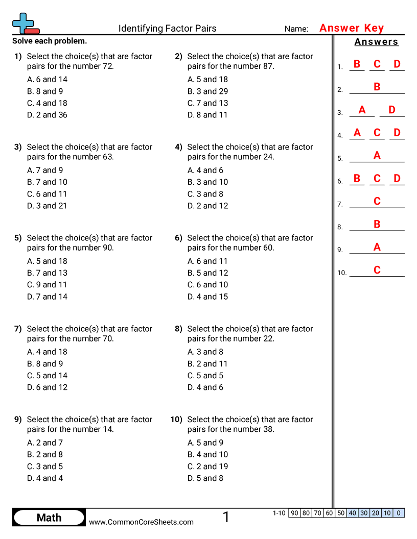 Identifying Factor Pairs worksheet preview