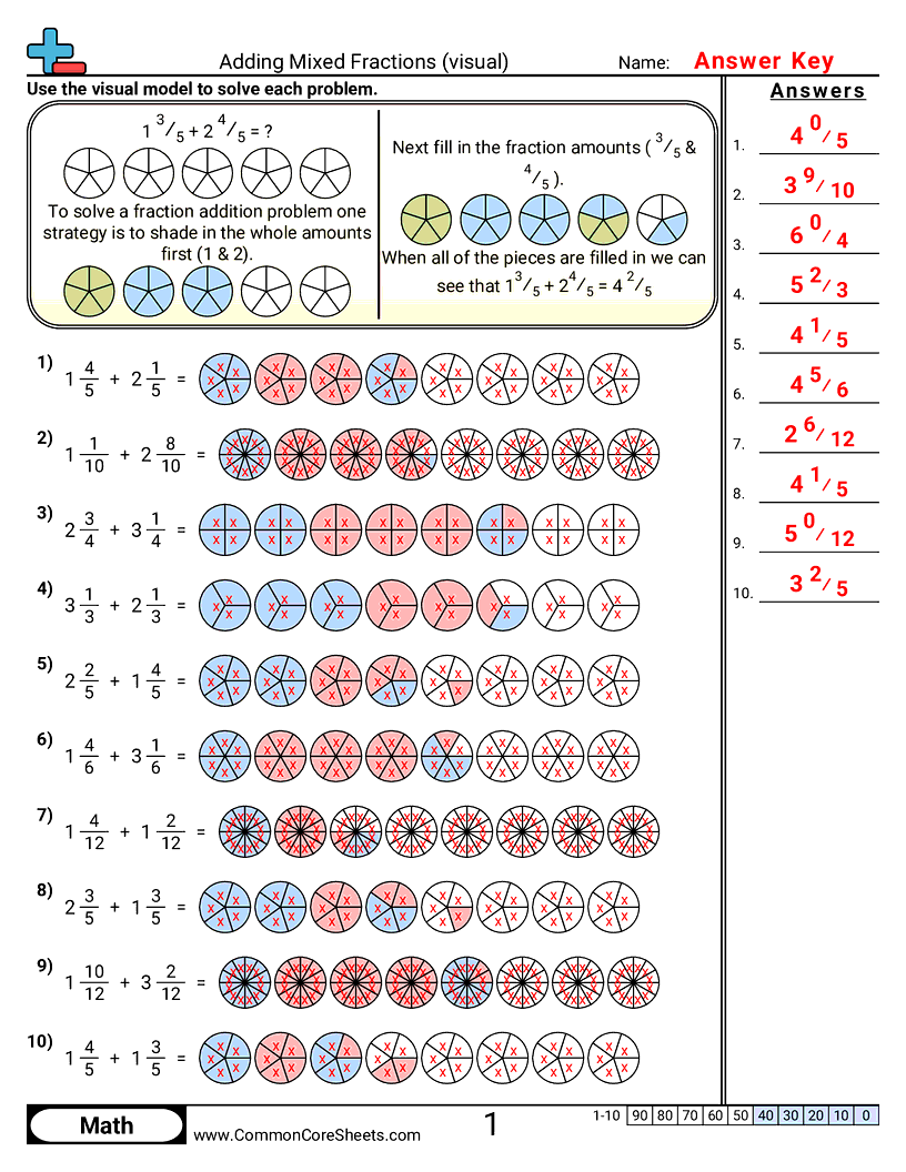 CCSS 4.NF.3C Worksheets - Adding Mixed Fractions (Visual) worksheet