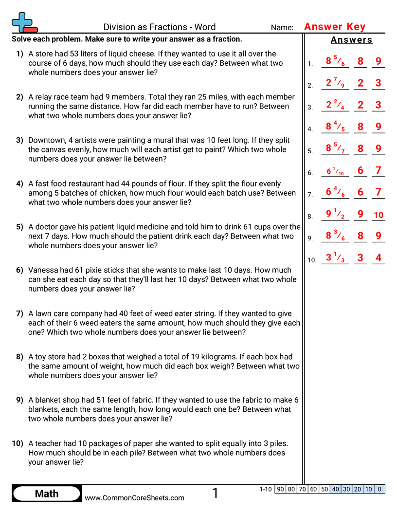 CCSS 5.NF.3 Worksheets - Division as Fraction - Word worksheet